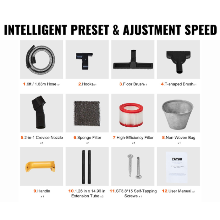 VEVOR IND5907/ VEVOR STAINLESS STEEL WET DRY SHOP VACUUM, 8 GALLON 6 PEAK HP