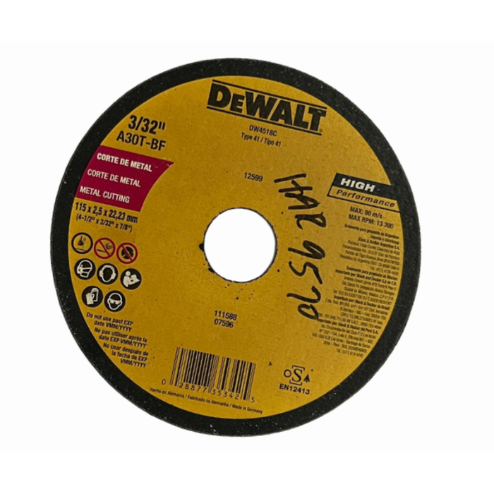 DEWALT HAR9570 METAL CUTTING DISC 4 1/2''*3/32''*7/8'' DW4518C