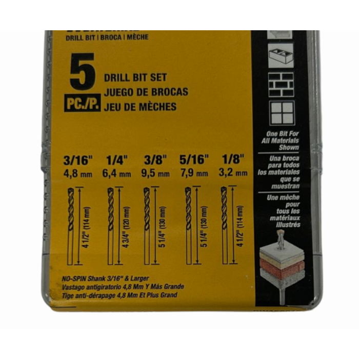 DEWALT HAR9620//5PC BIT SET (1/4",3/16",1/8",5/16,3/8")PT NO:DWA56015