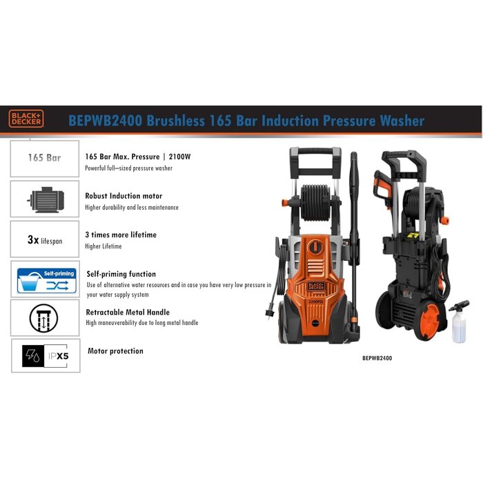 BLACK & DECKER IND6040/BLACK & DECKER ELECTRIC PRESSURE WASHER, 2390PSI, 165 BAR,120V-60HZ, 2000W/BEPWB2400-B3