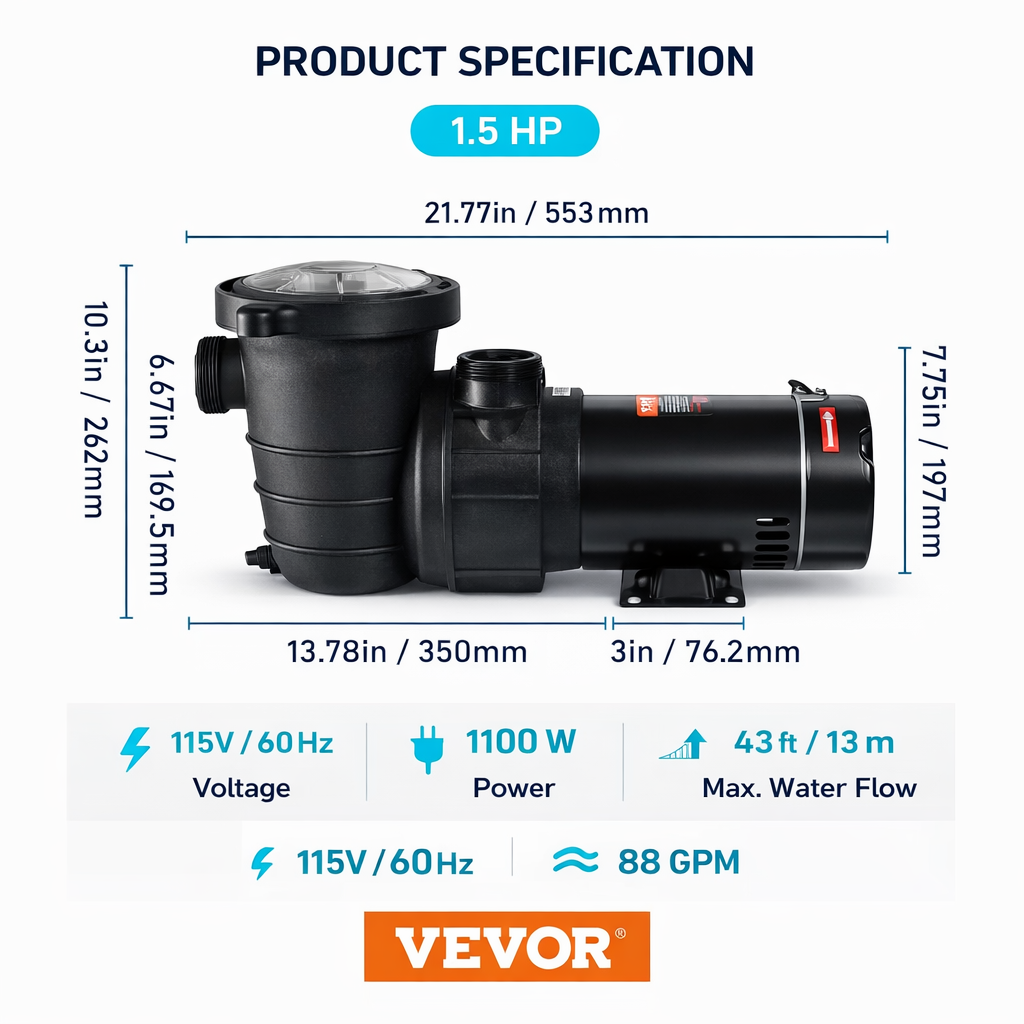 IND5979 VEVOR ABOVE GROUND POOL PUMP 1.5HP 100GPM-50.9FT MAX HEAD 110V 60HZ