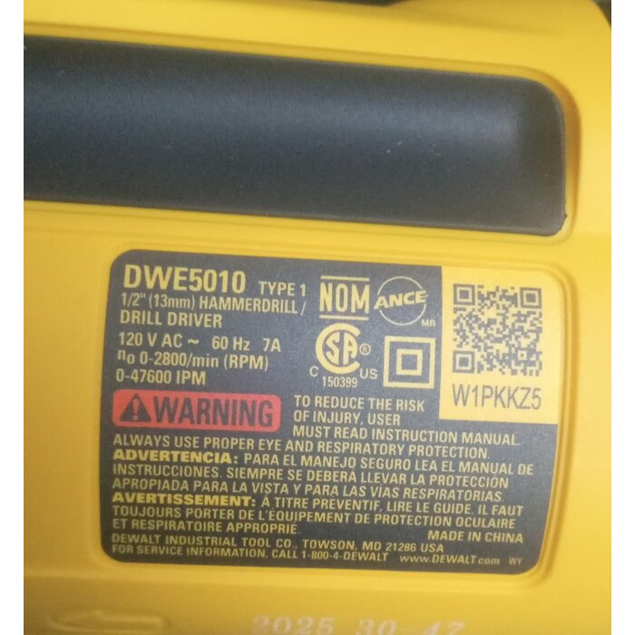 DEWALT IND6025/1/2" SINGLE SPEED HAMMER DRILL 120V 2800RPM 7.0AMP 550WATT/DWE5010