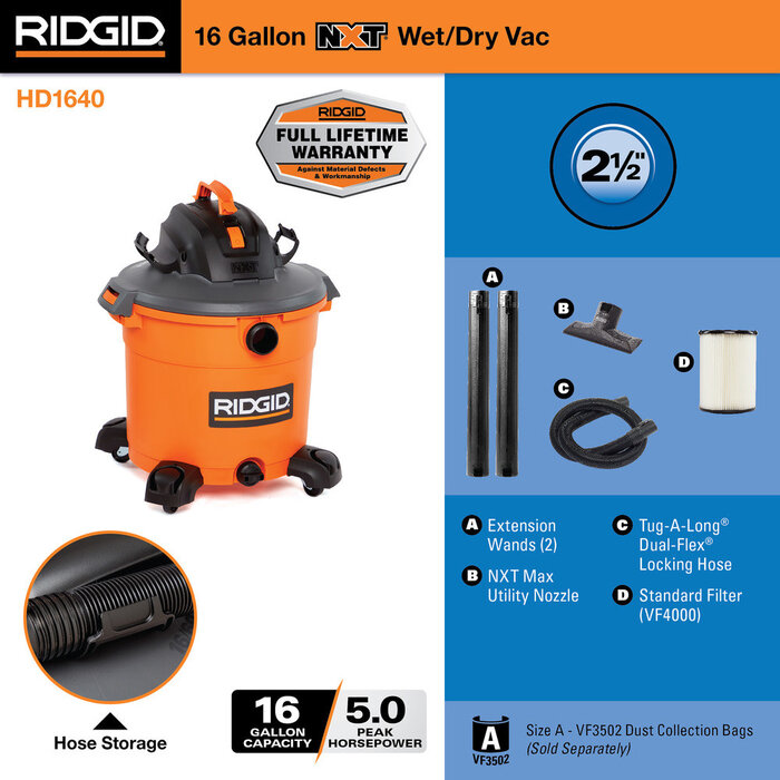 RIDGID IND6054 - 16 GAL RIDGID. 5.0 PEAK HP NXT SHOP VACUUM WET DRY VAC 110V 60HZ