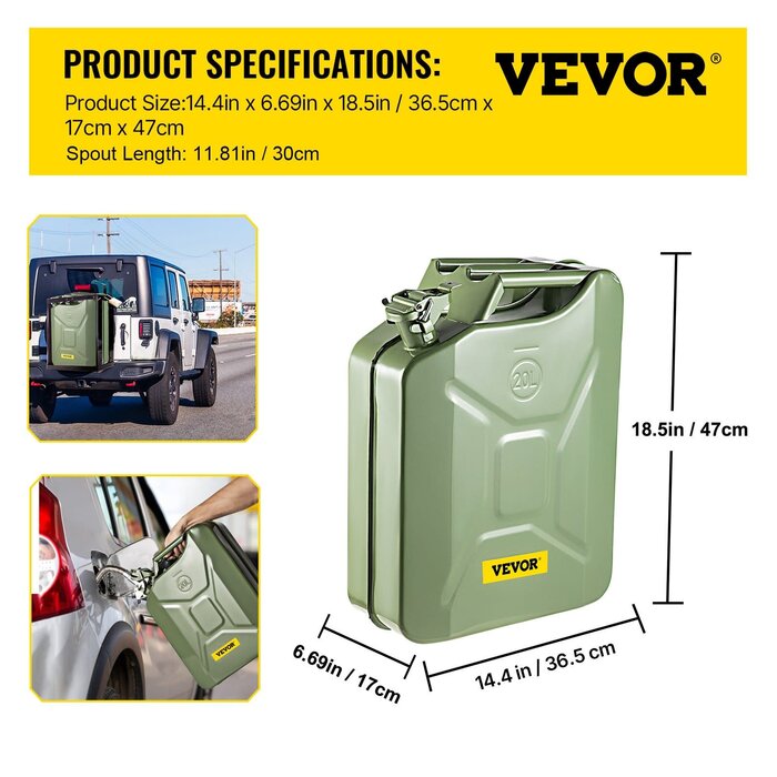 VEVOR HAR10093/  VEVOR JERRY FUEL CAN, 5.3 GALLON / 20 L PORTABLE WITH FLEXIBLE SPOUT GREEN