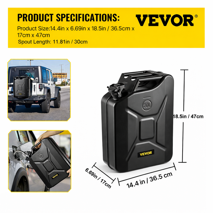 VEVOR HAR10092/  VEVOR JERRY FUEL CAN, 5.3 GALLON / 20 L PORTABLE WITH FLEXIBLE SPOUT BLACK