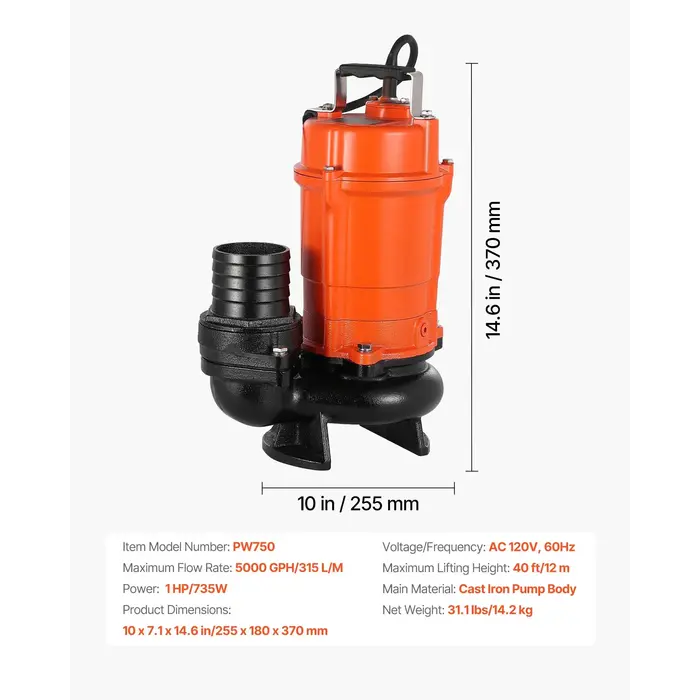 VEVOR HAR10056/ MODLE PW750 1 HP SUBMERSIBLE TRASH PUMP, 5000 GPH 110V 60HZ