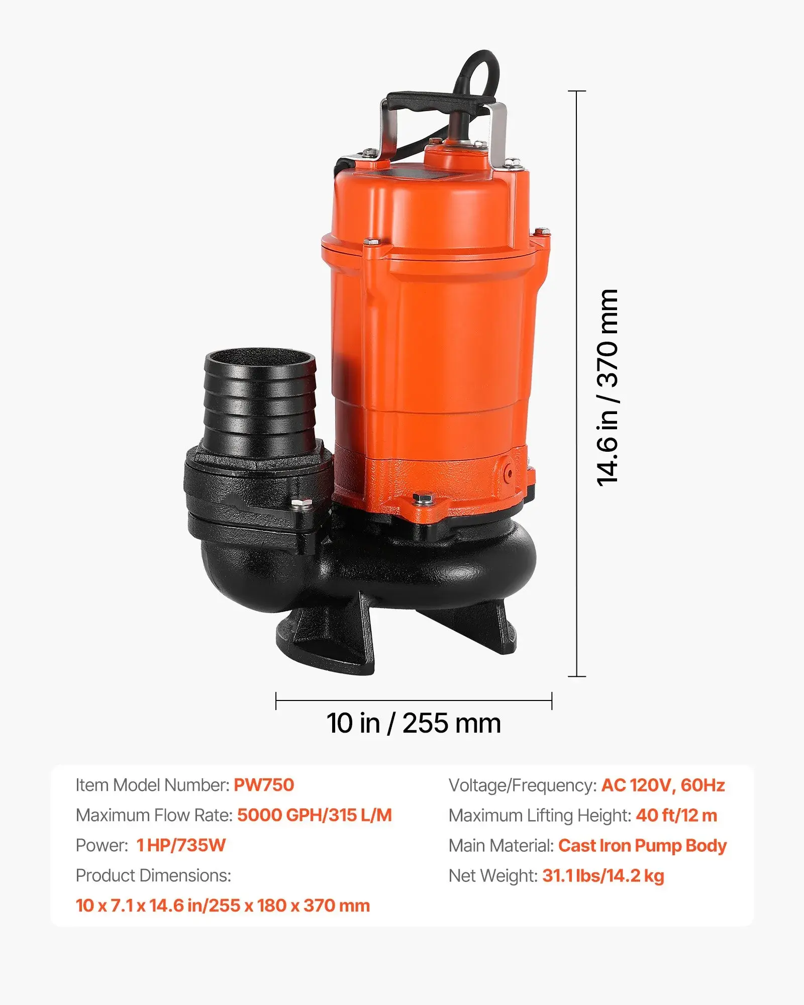VEVOR HAR10056/ MODLE PW750 1 HP, 3" SUBMERSIBLE TRASH PUMP, 5000 GPH 110V 60HZ
