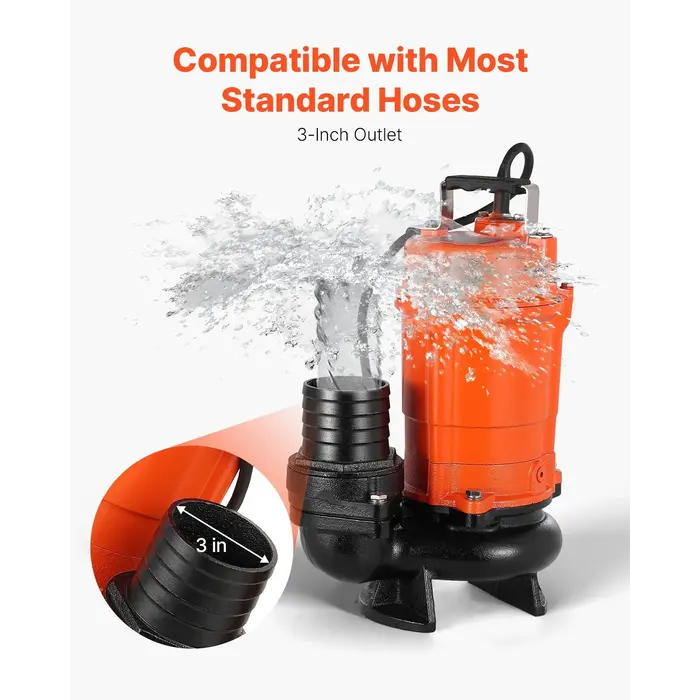 VEVOR HAR10056/ MODLE PW750 1 HP, 3" SUBMERSIBLE TRASH PUMP, 5000 GPH 110V 60HZ