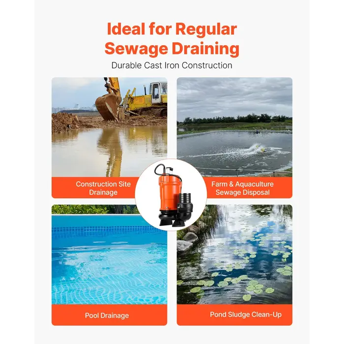 VEVOR HAR10056/ MODLE PW750 1 HP SUBMERSIBLE TRASH PUMP, 5000 GPH 110V 60HZ