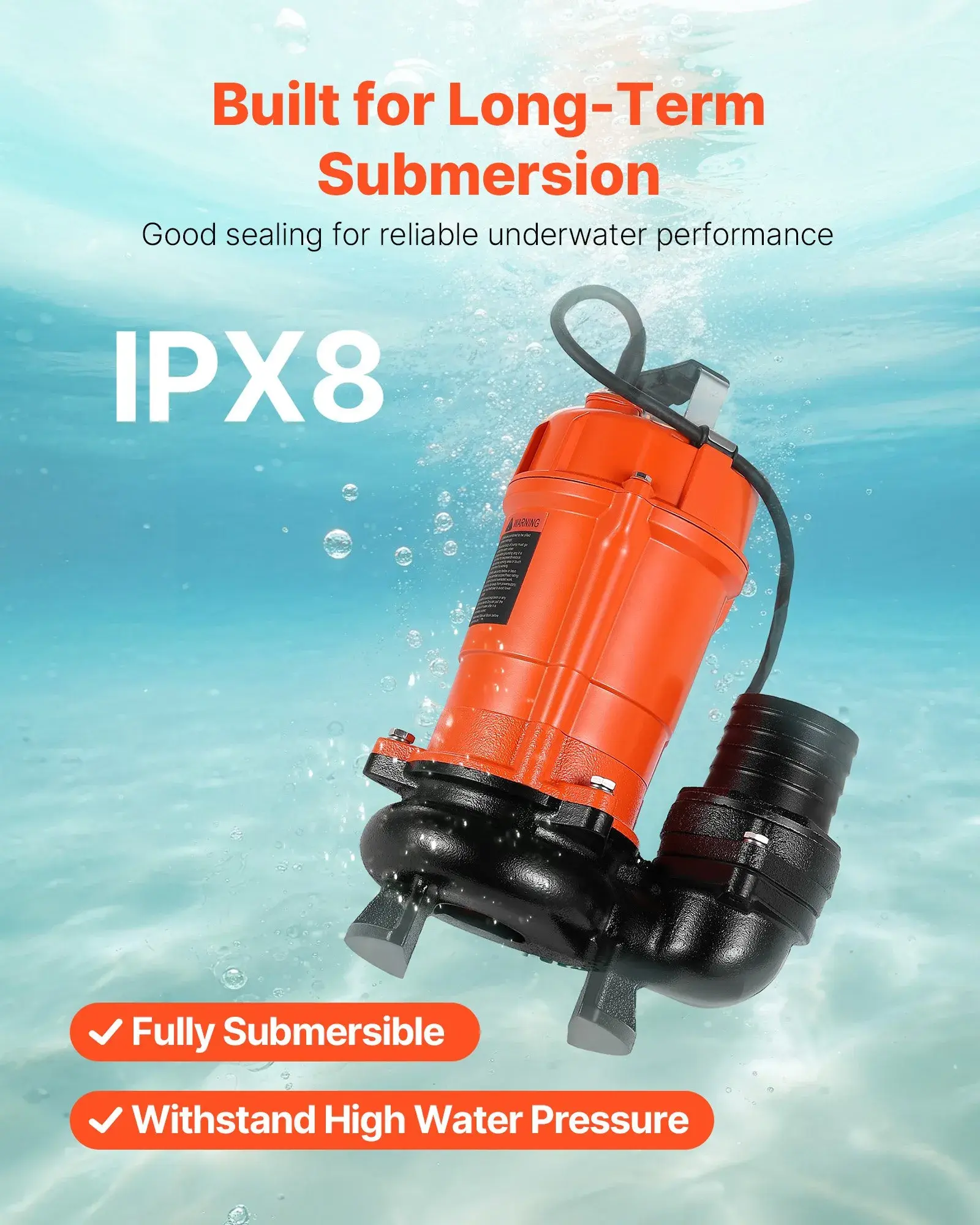 VEVOR HAR10056/ MODLE PW750 1 HP, 3" SUBMERSIBLE TRASH PUMP, 5000 GPH 110V 60HZ