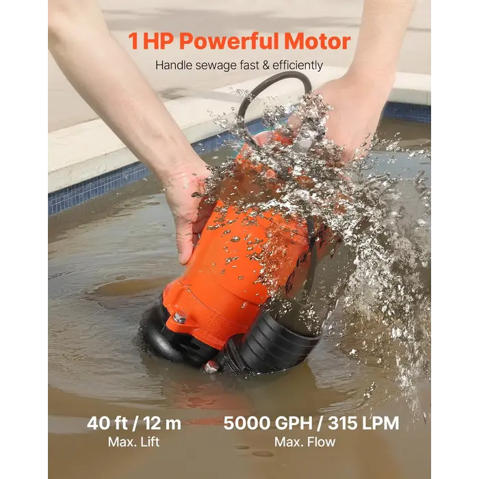 VEVOR HAR10056/ MODLE PW750 1 HP SUBMERSIBLE TRASH PUMP, 5000 GPH 110V 60HZ