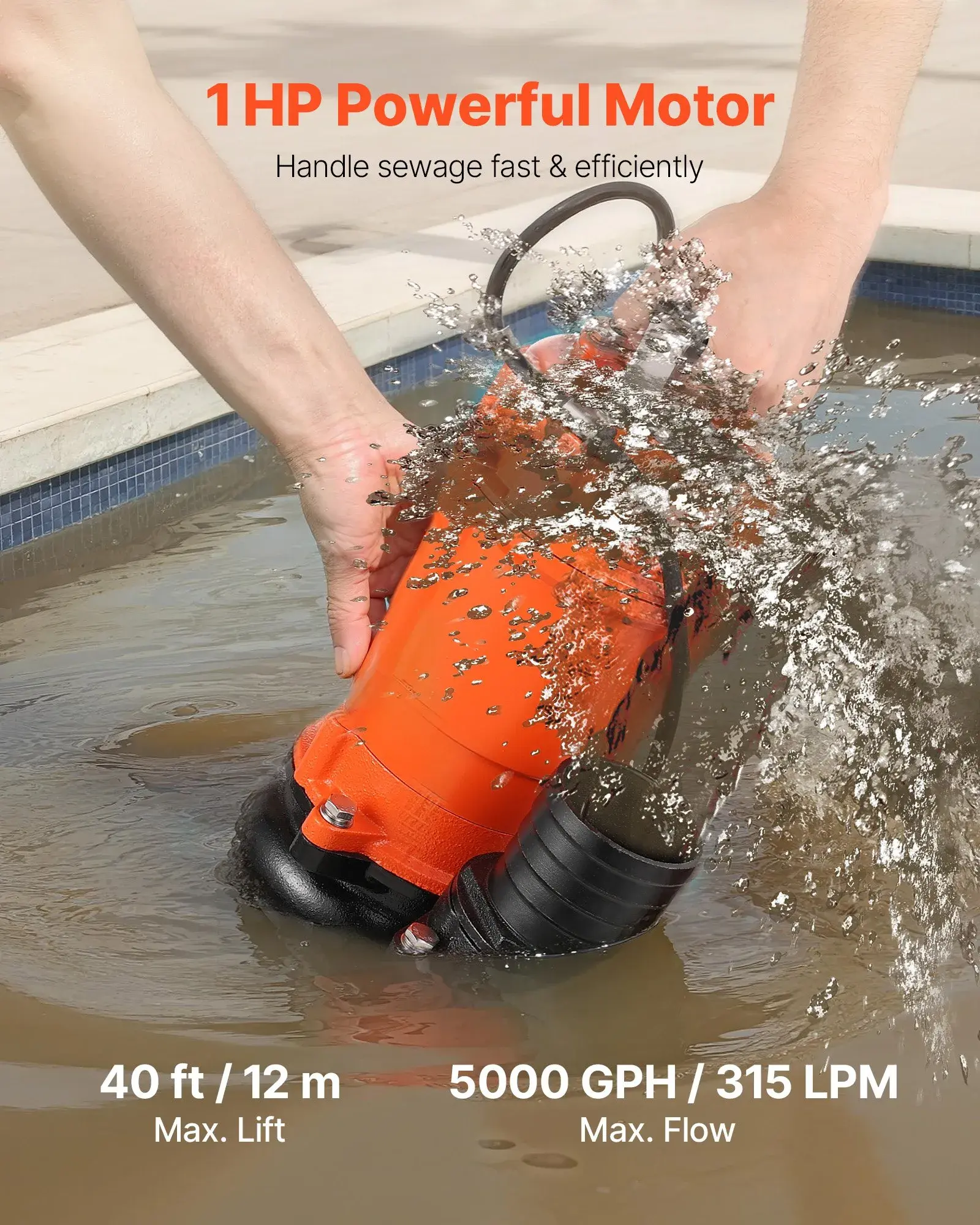 VEVOR HAR10056/ MODLE PW750 1 HP, 3" SUBMERSIBLE TRASH PUMP, 5000 GPH 110V 60HZ