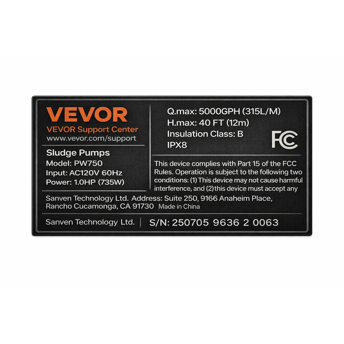 VEVOR HAR10056/ MODLE PW750 1 HP SUBMERSIBLE TRASH PUMP, 5000 GPH 110V 60HZ