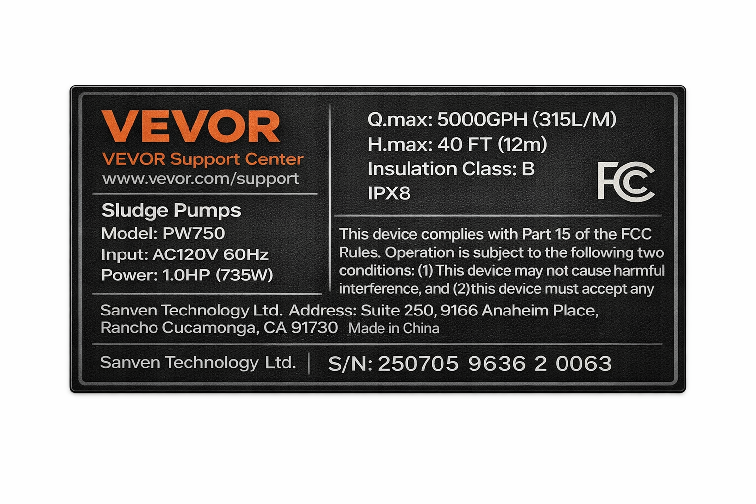 VEVOR HAR10056/ MODLE PW750 1 HP, 3" SUBMERSIBLE TRASH PUMP, 5000 GPH 110V 60HZ