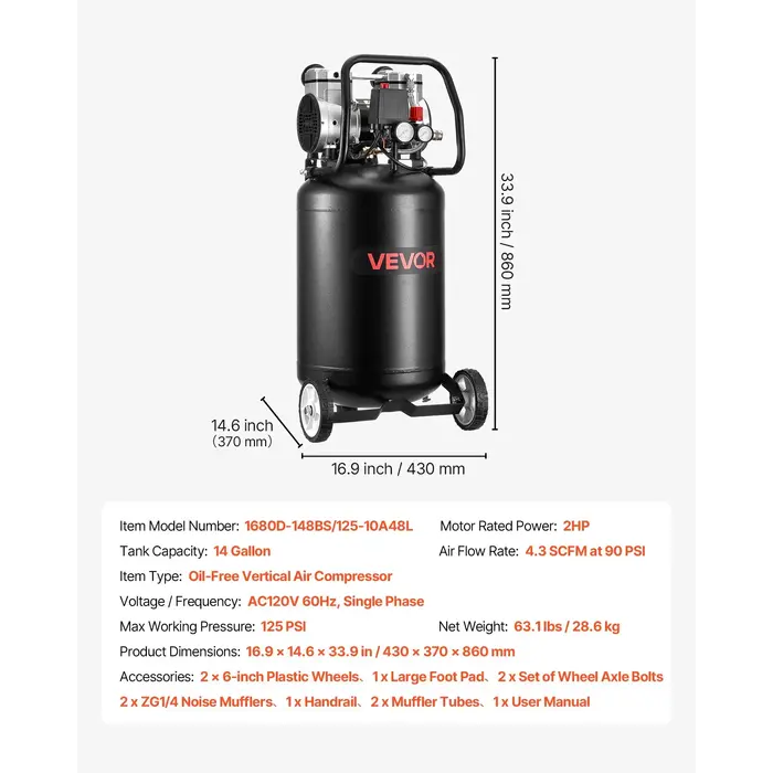 VEVOR 14-GALLON AIR COMPRESSOR 125 PSI (IND6065)