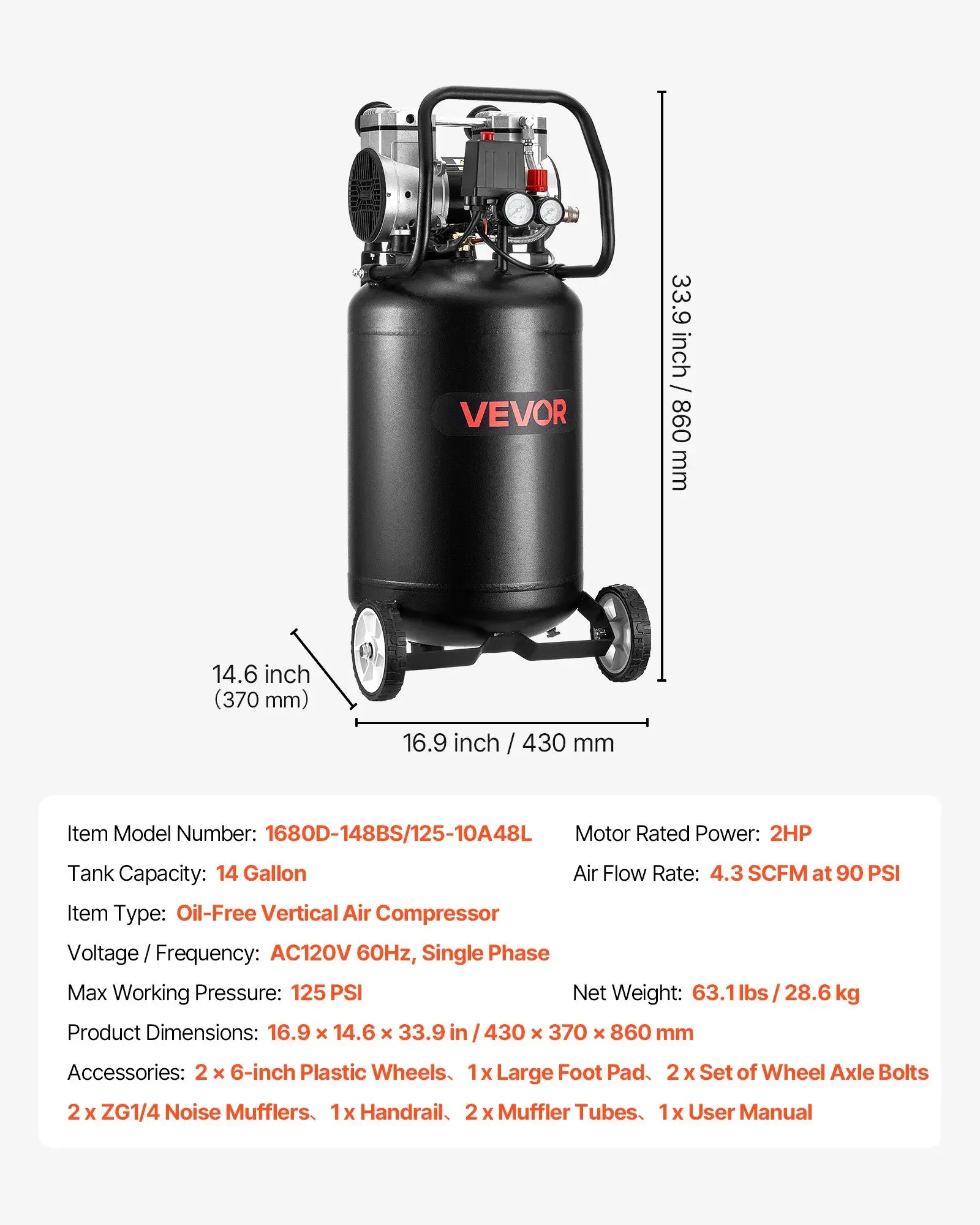 VEVOR 14-GALLON AIR COMPRESSOR 125 PSI (IND6065)