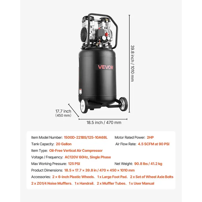 VEVOR IND6066 /  VEVOR  20-GALLON AIR COMPRESSOR, 2HP 4.5SCFM@90PSI 110V 60HZ 125PSI #155D-22BS/125-10A68L---D/S