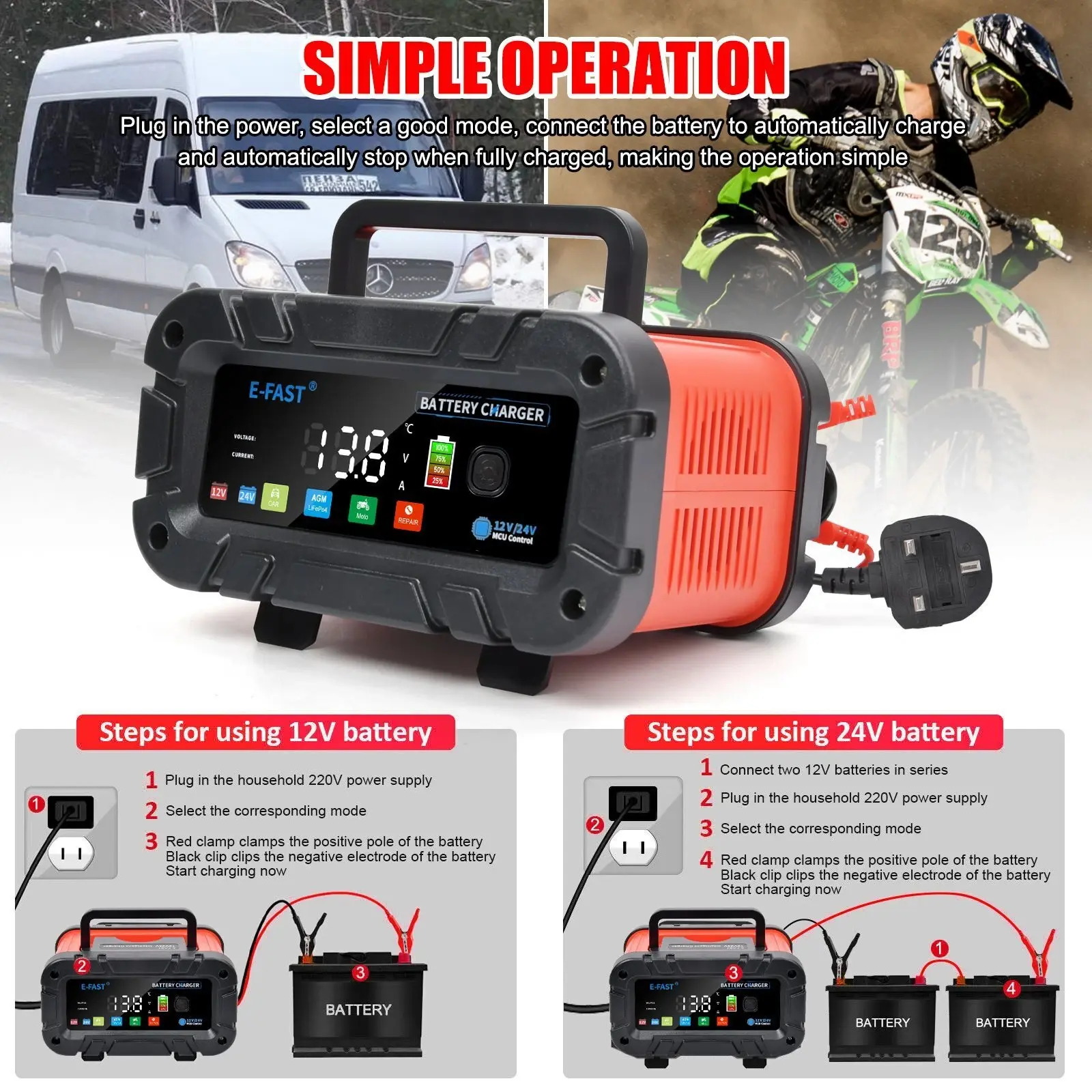 VEH24975 / E-FAST BATTERY CHARGER 0-20A 12/24V LIFEPO4