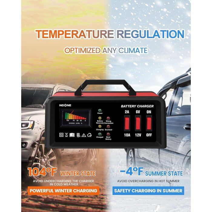 NO ONE VEH24977 / NOONE 2A/10A CAR BATTERY CHARGER, 6V/12V BATTERY CHARGER