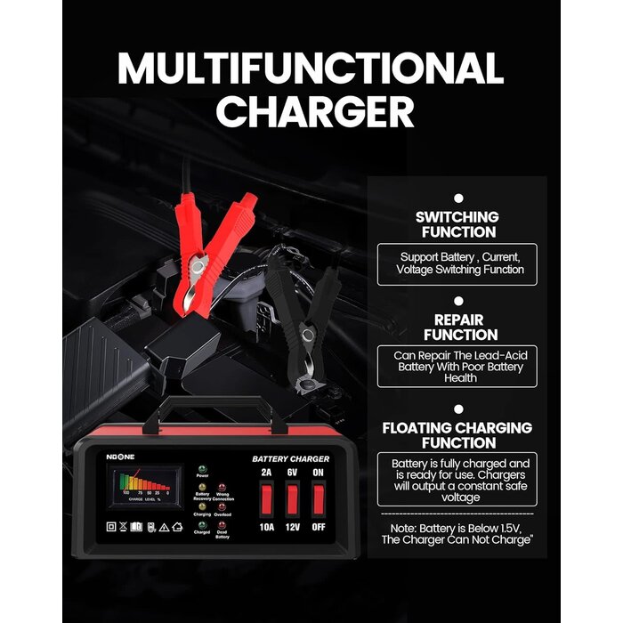 NO ONE VEH24977 / NOONE 2A/10A CAR BATTERY CHARGER, 6V/12V BATTERY CHARGER