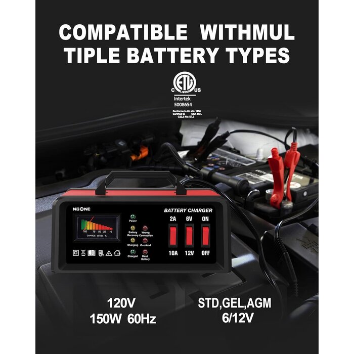 NO ONE VEH24977 / NOONE 2A/10A CAR BATTERY CHARGER, 6V/12V BATTERY CHARGER