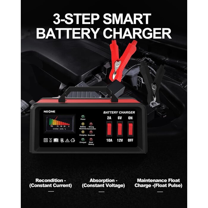NO ONE VEH24977 / NOONE 2A/10A CAR BATTERY CHARGER, 6V/12V BATTERY CHARGER