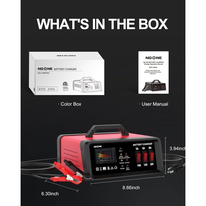NO ONE VEH24977 / NOONE 2A/10A CAR BATTERY CHARGER, 6V/12V BATTERY CHARGER
