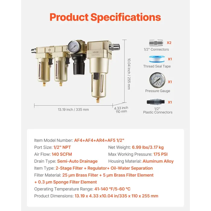 VEVOR HAR10103 / VEVOR  AIR COMPRESSOR FILTER REGULATOR COMBO, 1/2" NPT 3