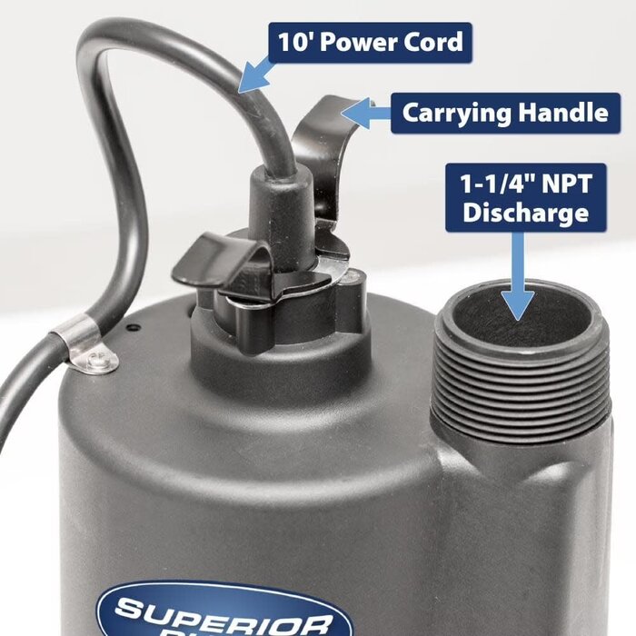 SUPERIOR PUMP IND6076 / SUPERIOR PUMP 1800GPH THERMOPLASTIC SUB PUMP 1/4 HP, 91250