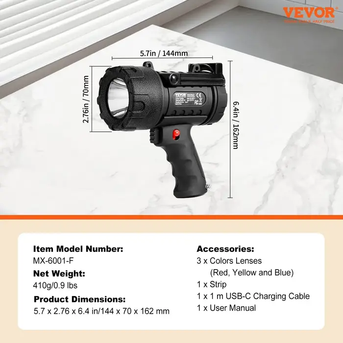 VEVOR VEH25002 / VEVOR RECHARGEABLE SPOTLIGHT FLASHLIGHT, 200,000 LUMENS, IP67