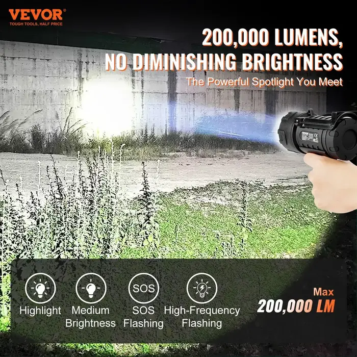 VEVOR VEH25002 / VEVOR RECHARGEABLE SPOTLIGHT FLASHLIGHT, 200,000 LUMENS, IP67