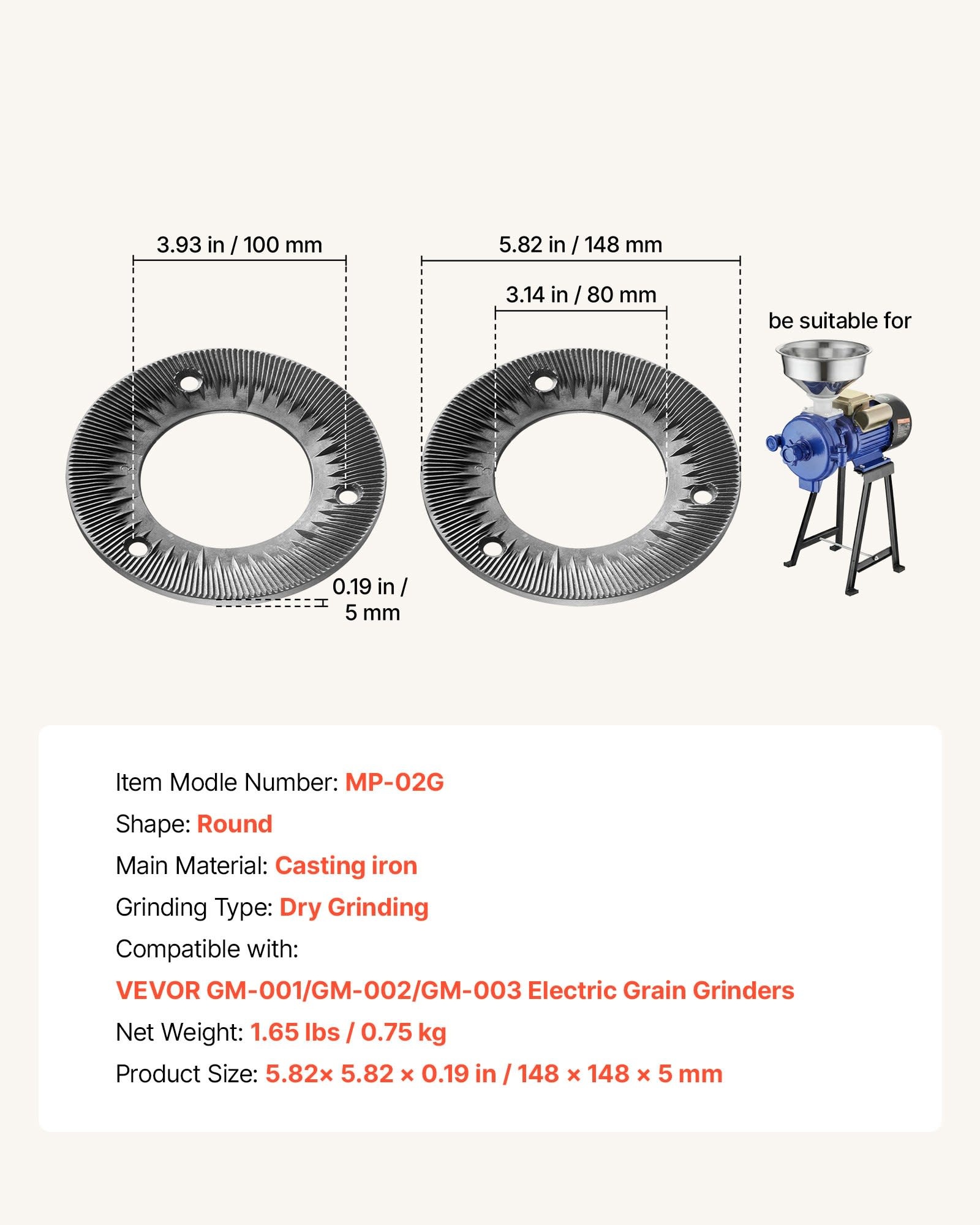 VEVOR HAR10141 / VEVOR 2PCS GRINDING PLATE FOR ELECTRIC GRAIN GRINDER MILL