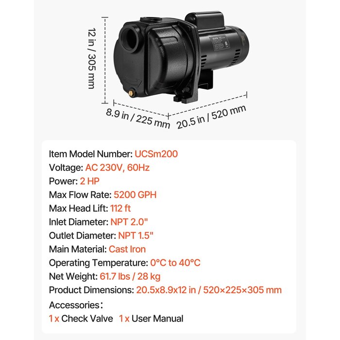 VEVOR 2 HP SHALLOW WELL JET PUMP, 230 VOLT, 5200 GPH CAST IRON (IND6135) D/S
