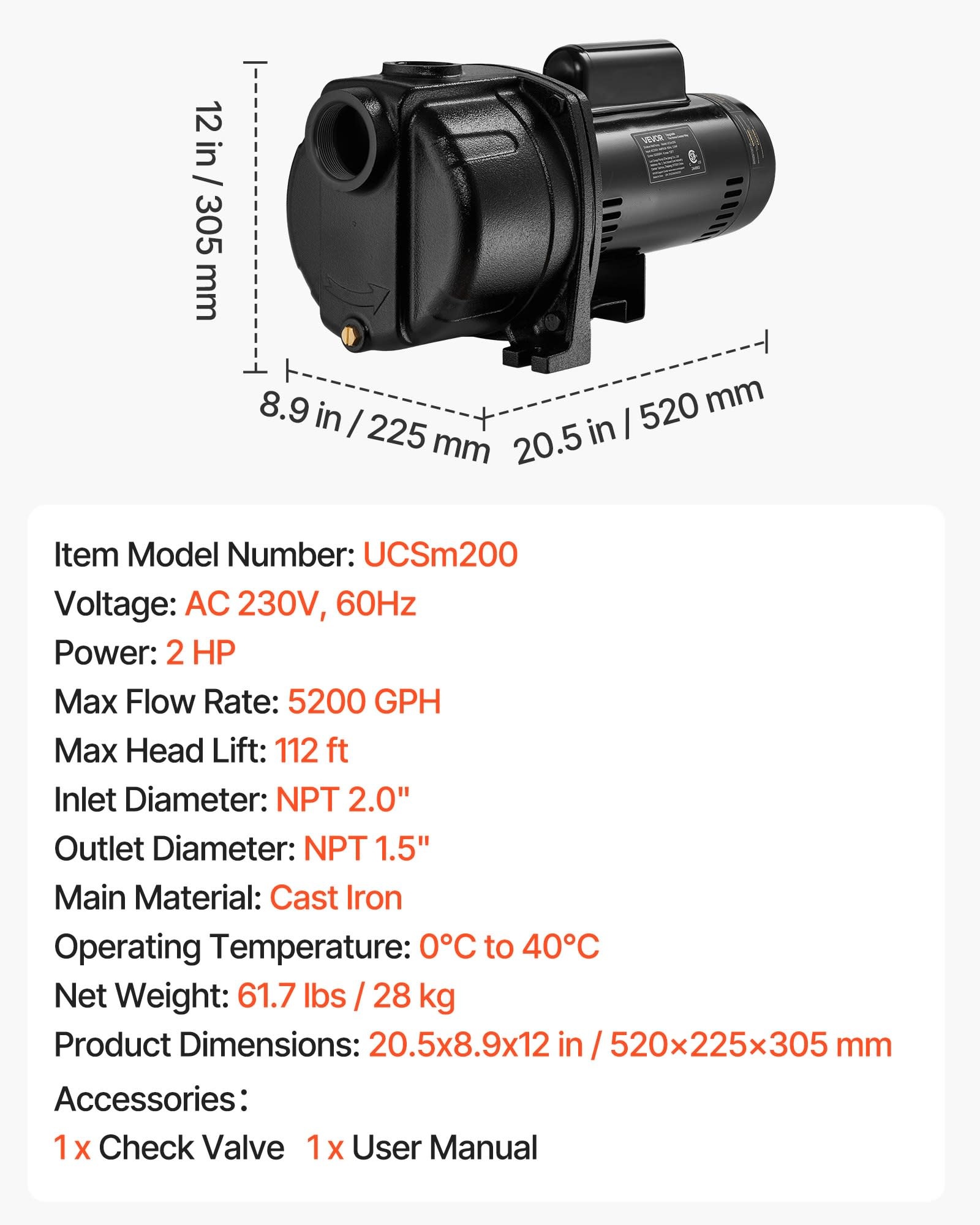 VEVOR 2 HP SHALLOW WELL JET PUMP, 230 VOLT, 5200 GPH CAST IRON (IND6135) D/S
