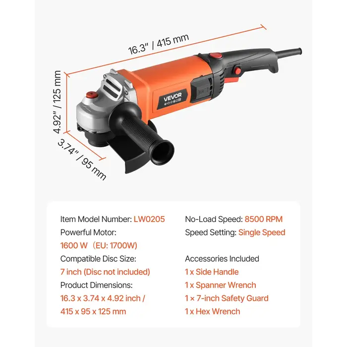 VEVOR VEVOR ANGLE GRINDER, 7" ELECTRIC GRINDER POWER TOOL, 13AMPS 8500RPM (IND6136) D/S