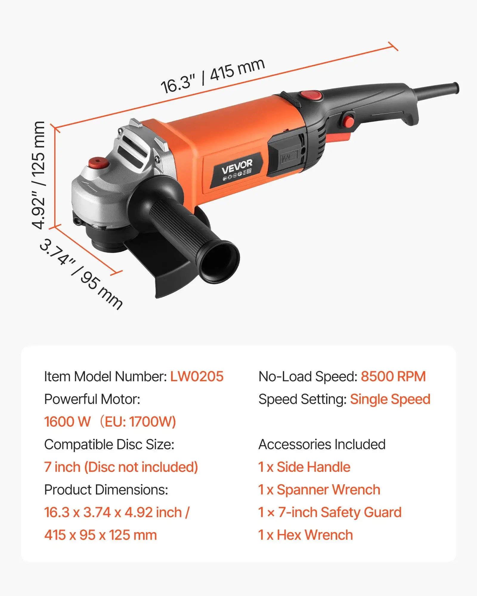 VEVOR VEVOR ANGLE GRINDER, 7" ELECTRIC GRINDER POWER TOOL, 13AMPS 8500RPM (IND6136) D/S