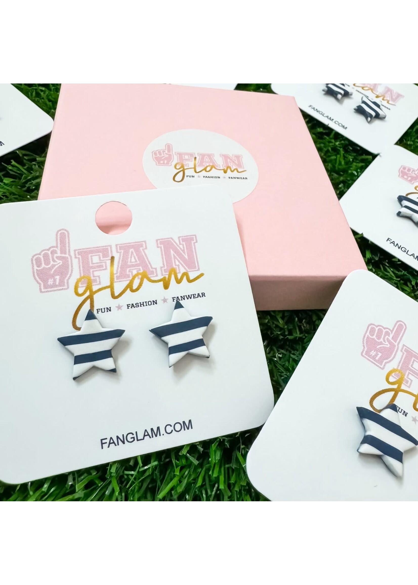 Fan Glam Clay Star Navy White Stripe Studs