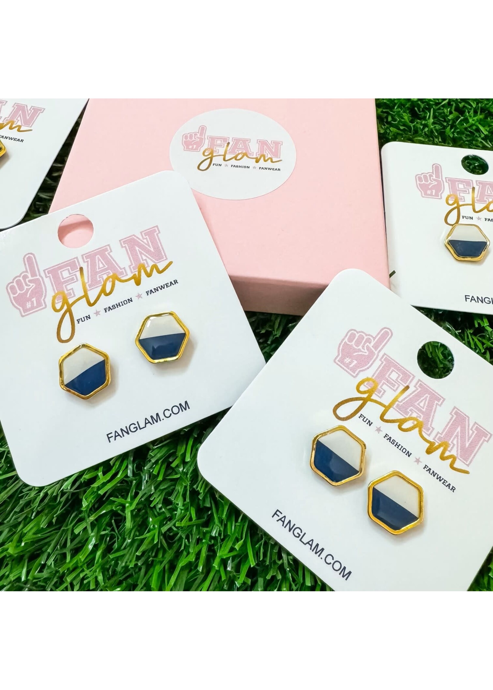 Fan Glam Clay Hex Studs Navy and White with Gold Trim