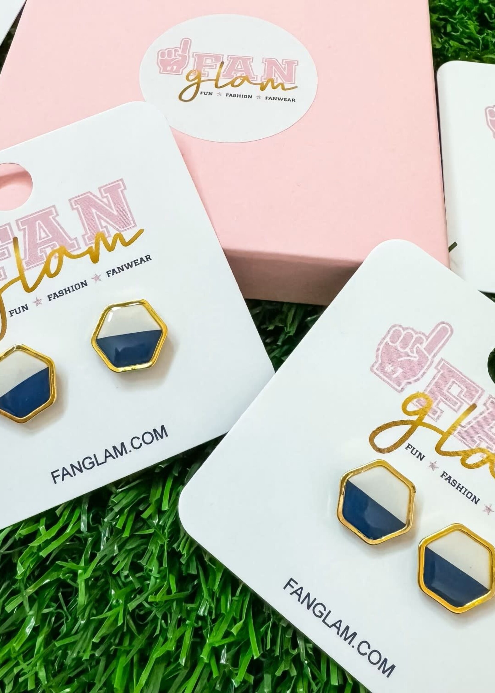Fan Glam Clay Hex Studs Navy and White with Gold Trim
