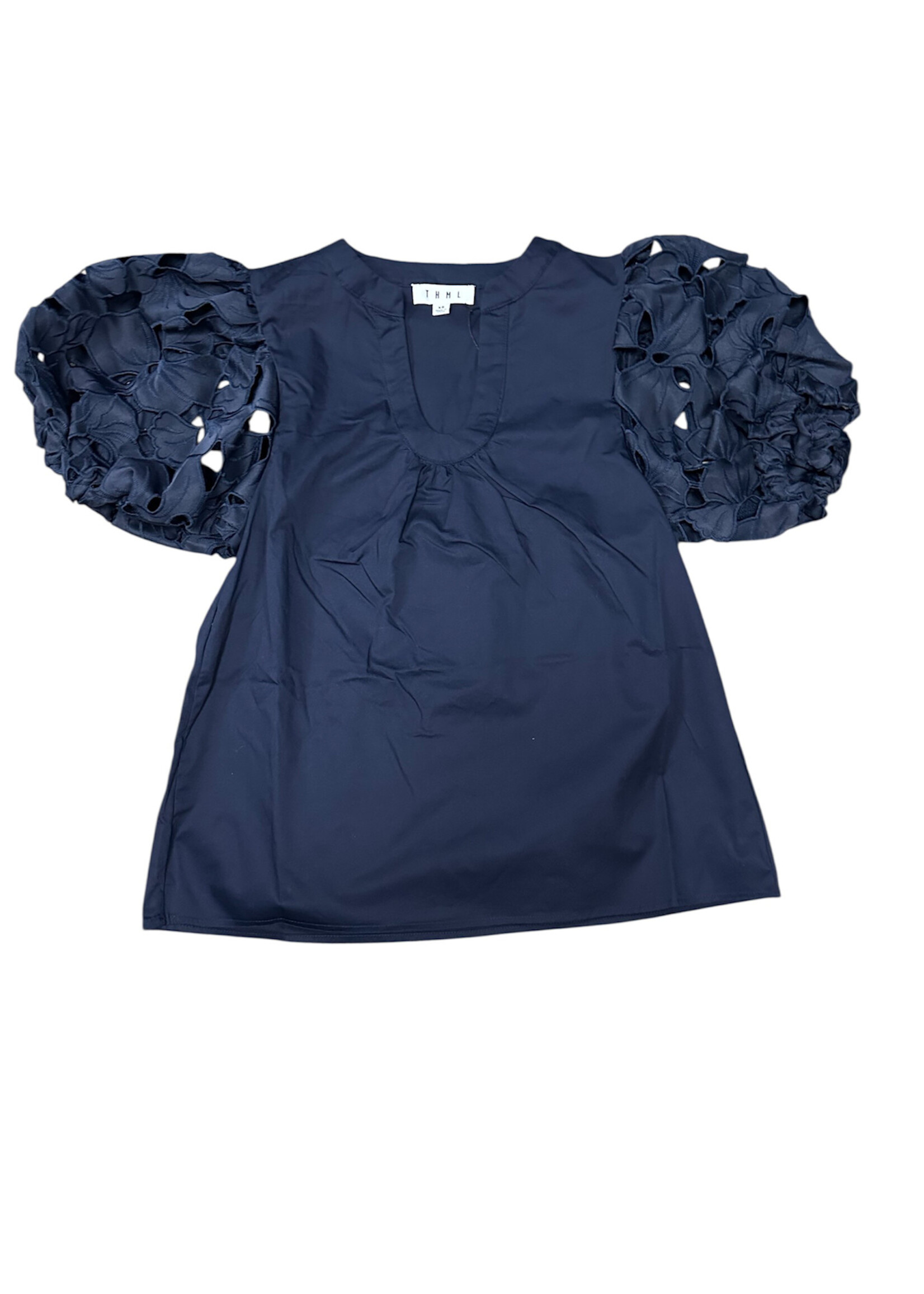 THML Navy Eyelet Puff Sleeve Blouse