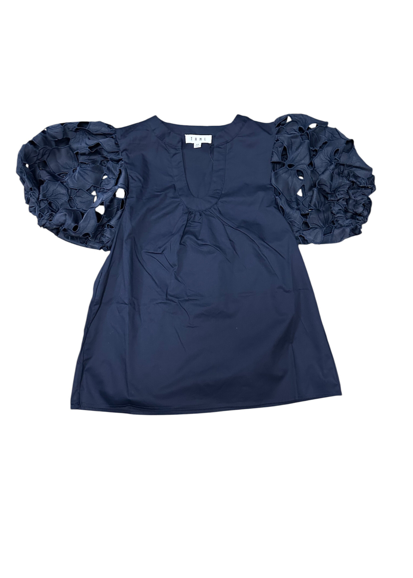 THML Navy Eyelet Puff Sleeve Blouse