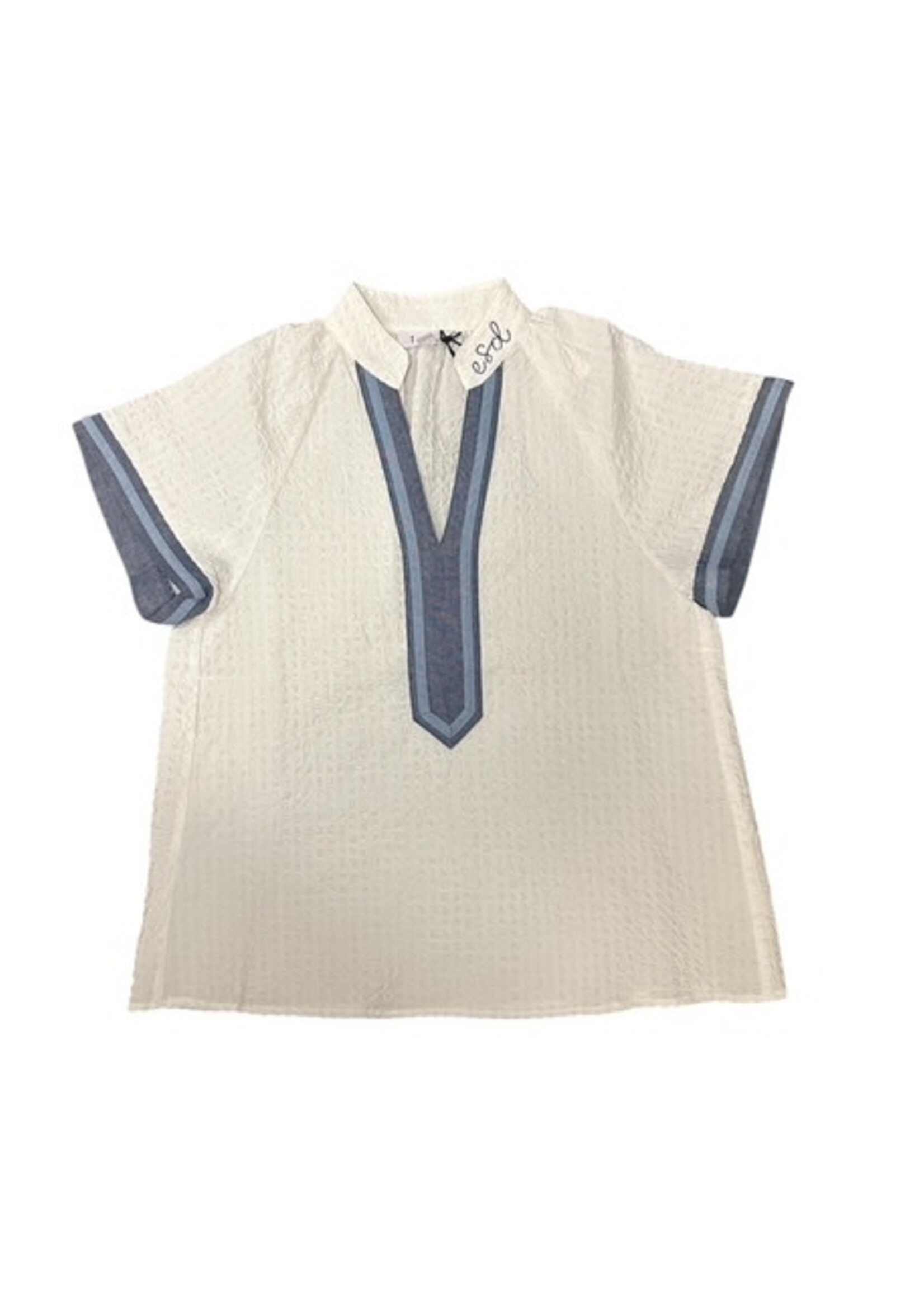 THML White Textured V Neck Blouse with Chambray Trim