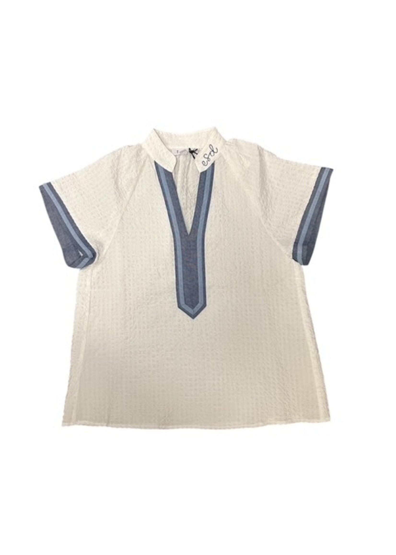 THML White Textured V Neck Blouse with Chambray Trim