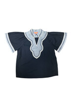 THML Navy Wide Sleeve V Neck Blouse with Chambray Trim