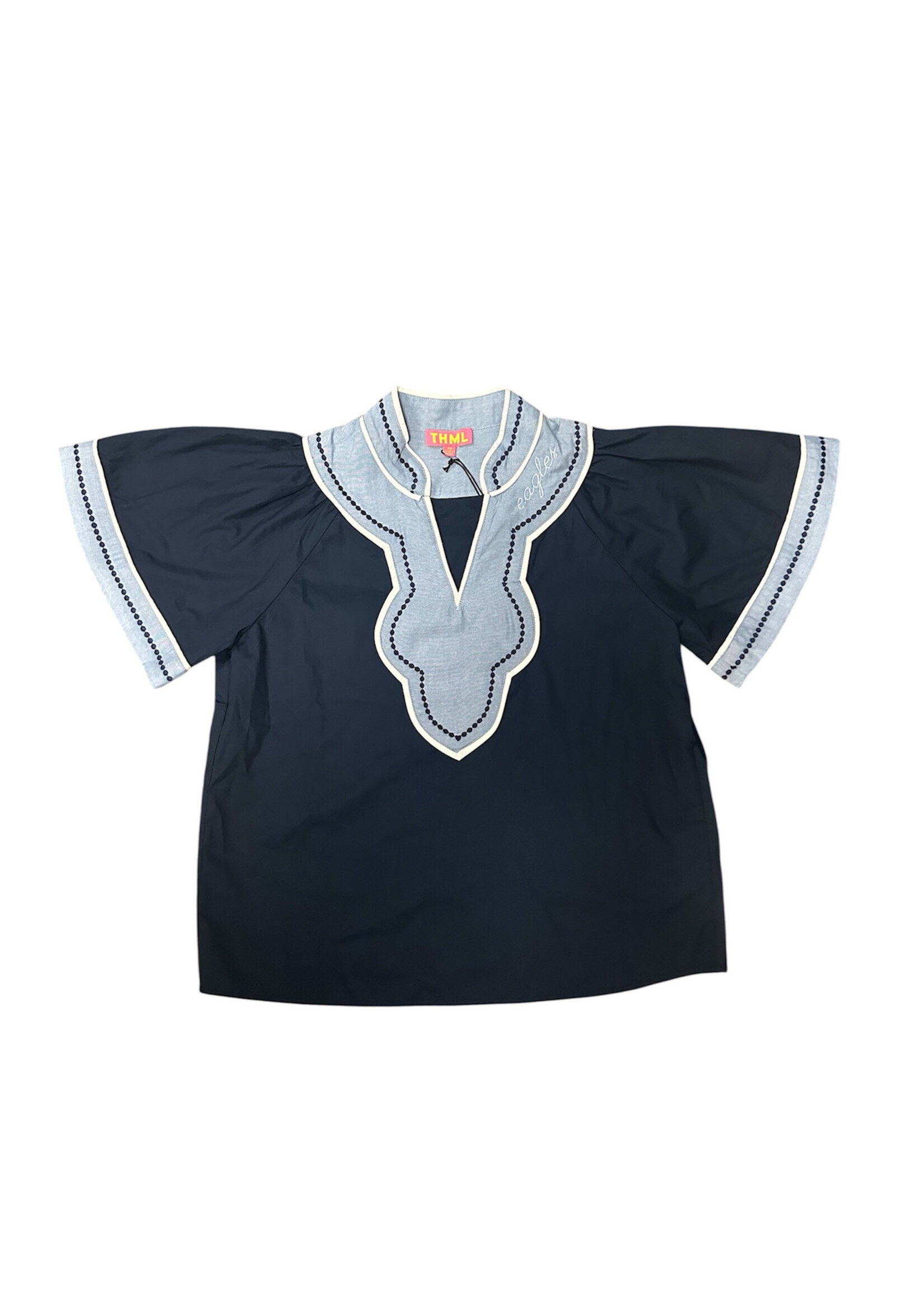 THML Navy Wide Sleeve V Neck Blouse with Chambray Trim