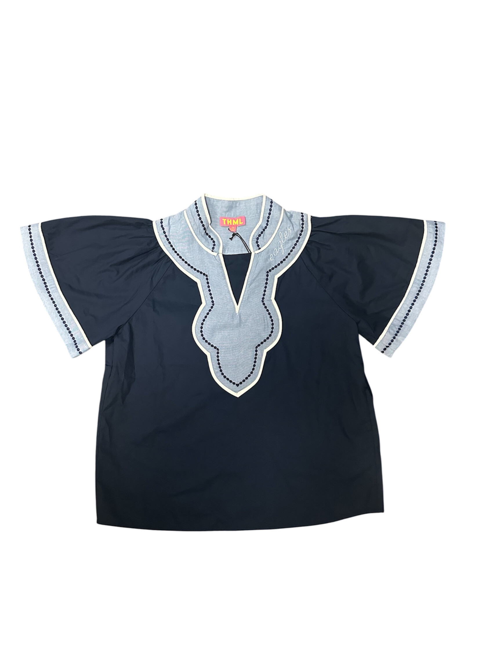 THML Navy Wide Sleeve V Neck Blouse with Chambray Trim
