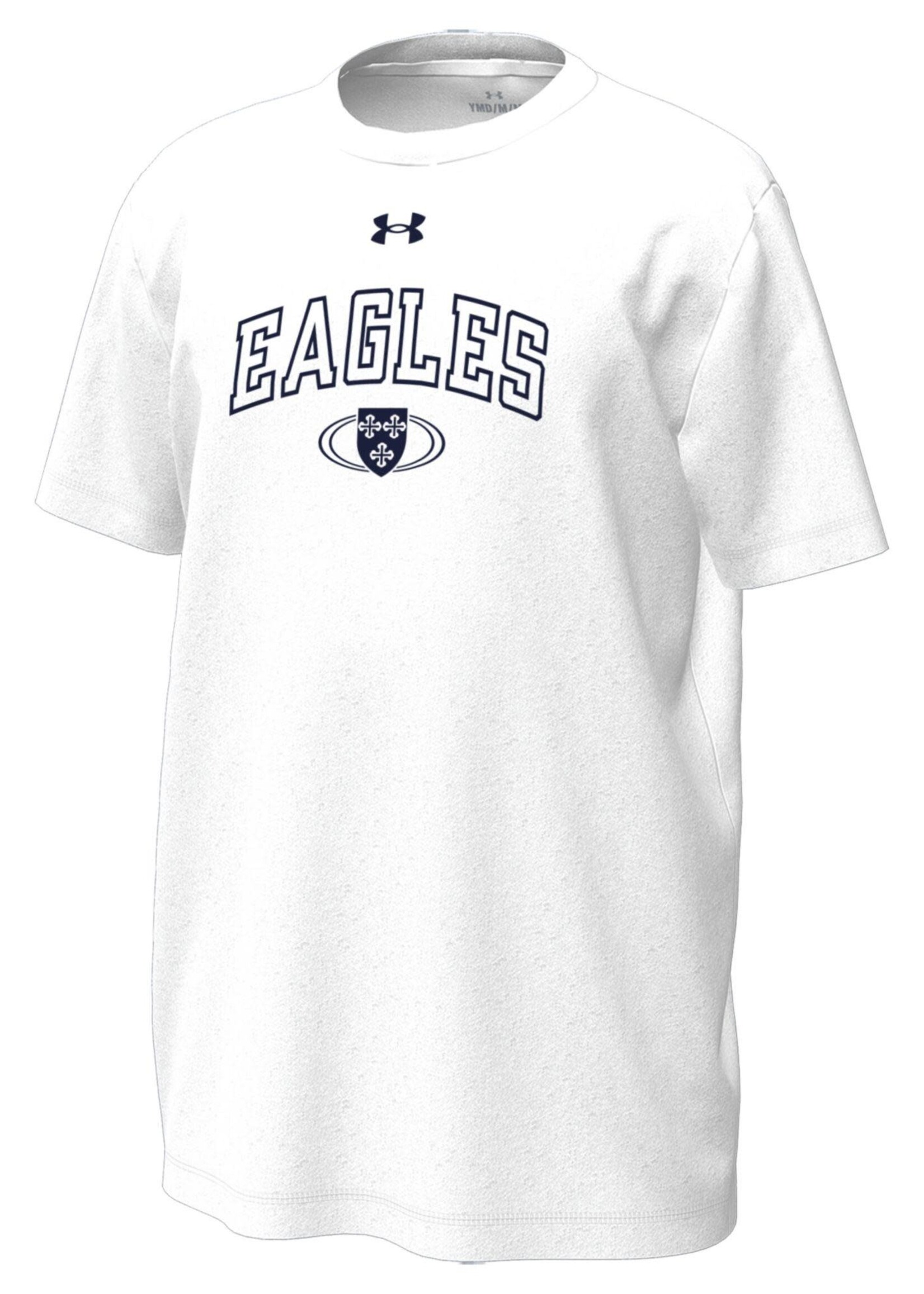 U-A Tech Tee Wht w Outline EAGLES and Shield in Navy