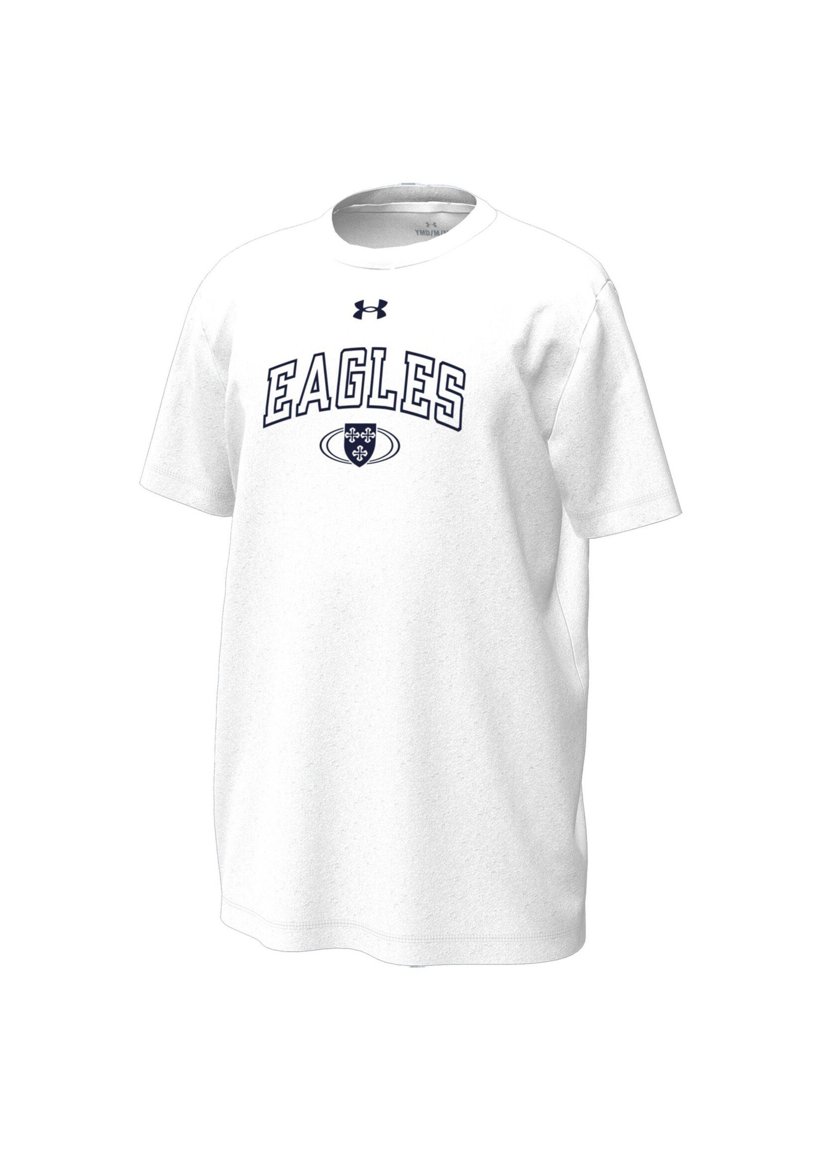 U-A Tech Tee Wht w Outline EAGLES and Shield in Navy
