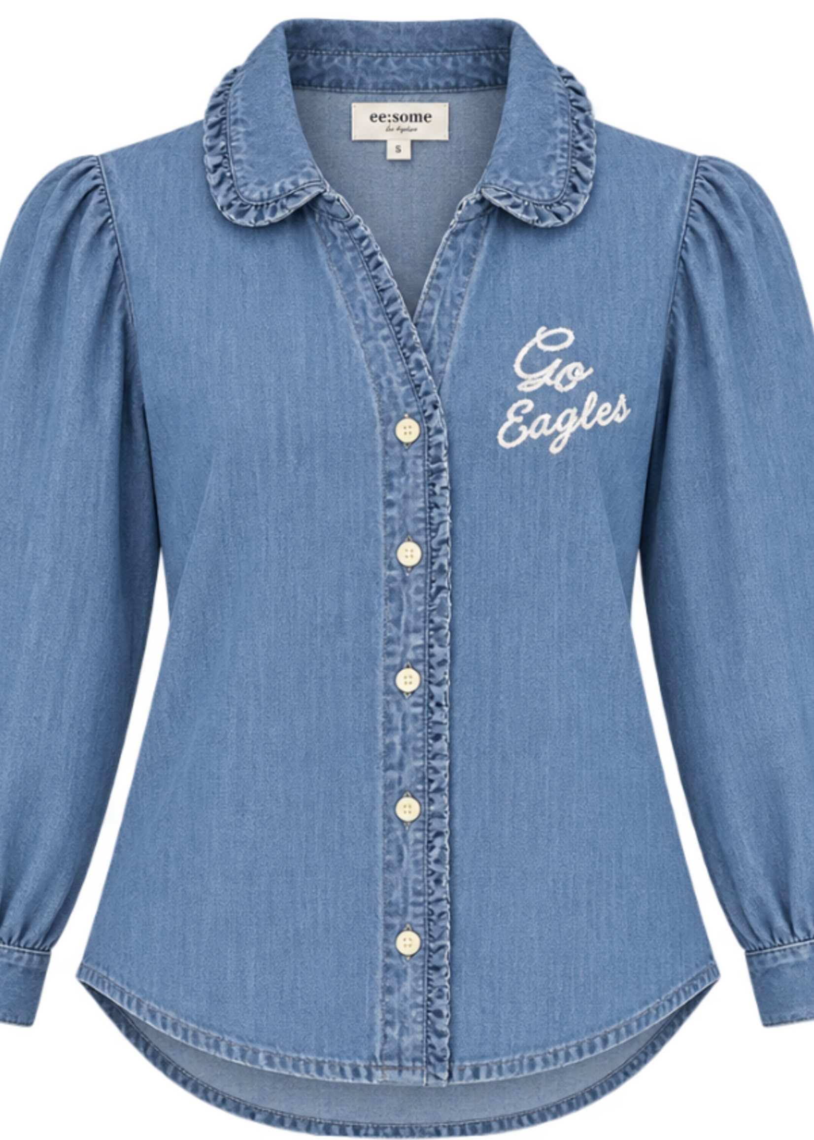 EE SOME LS RUFFLED BUTTON DOWN BLOUSE GO EAGLES