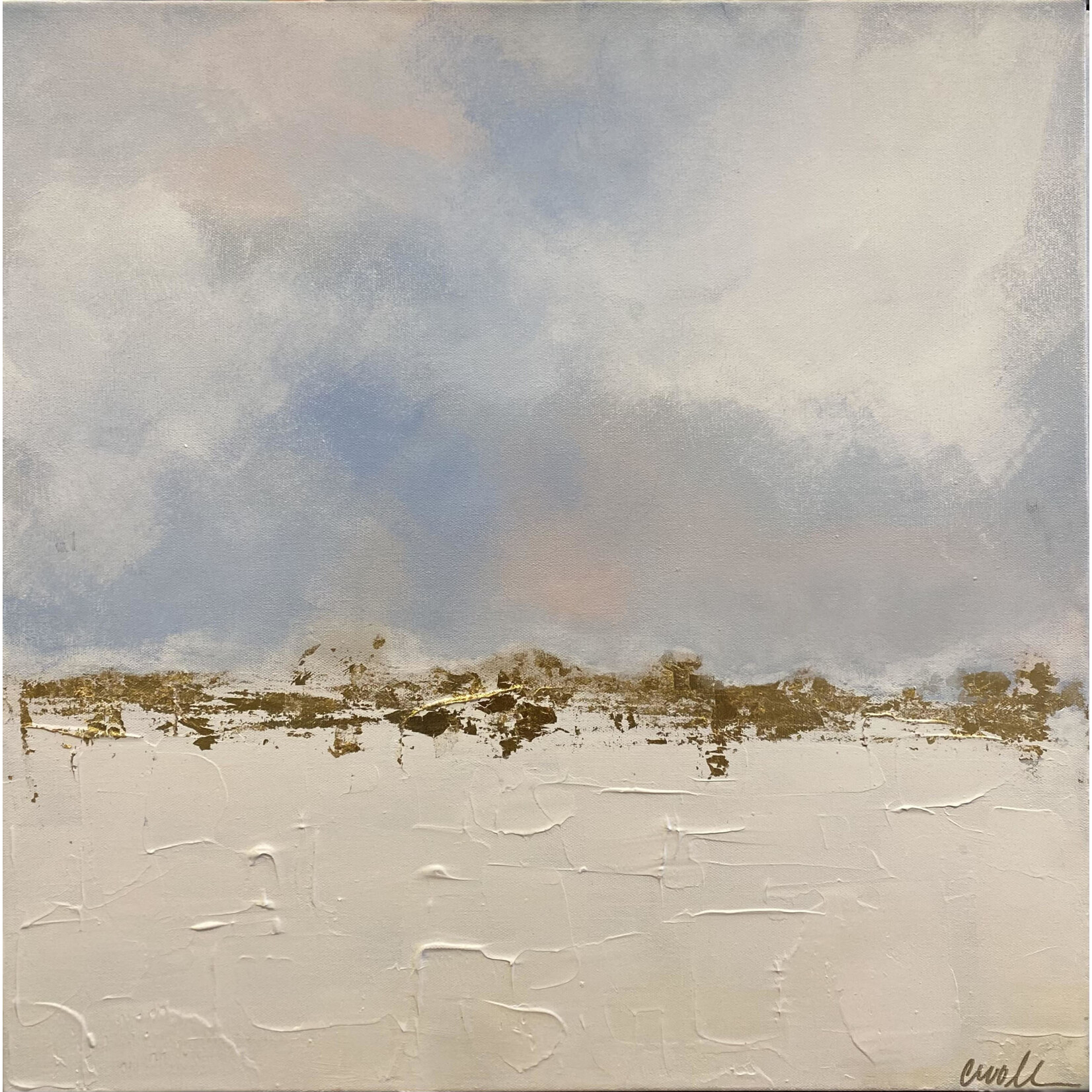 (SOLD) Textured White2 Blue Landscape w/ Gold Leaf